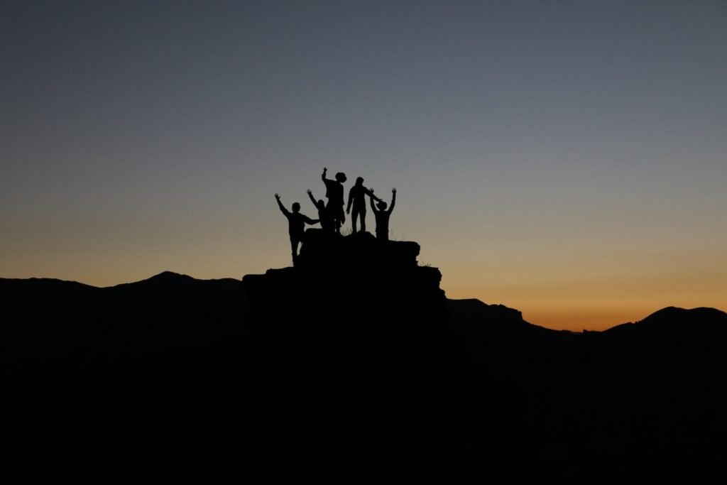 desarrollar la capacidad de liderazgo, silhouette of people standing on highland during golden hours