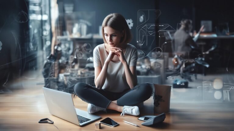 estrategias e marketing digital, ai generated, woman, computer, desk, company, marketing, digital, remote work, remote work, remote work, remote work, remote work, remote work
