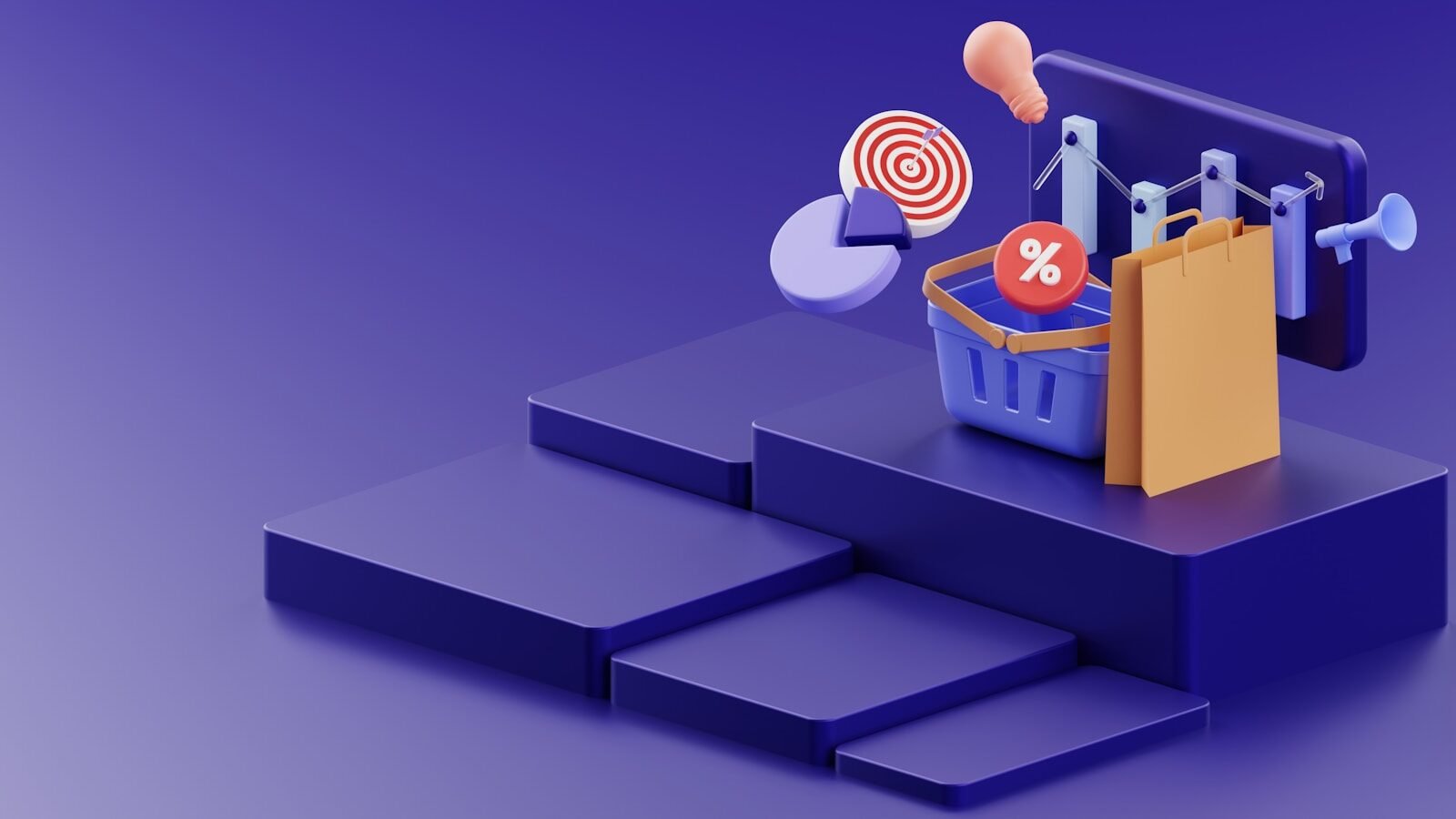 automatización del marketing, a purple background with a basket of items and a target